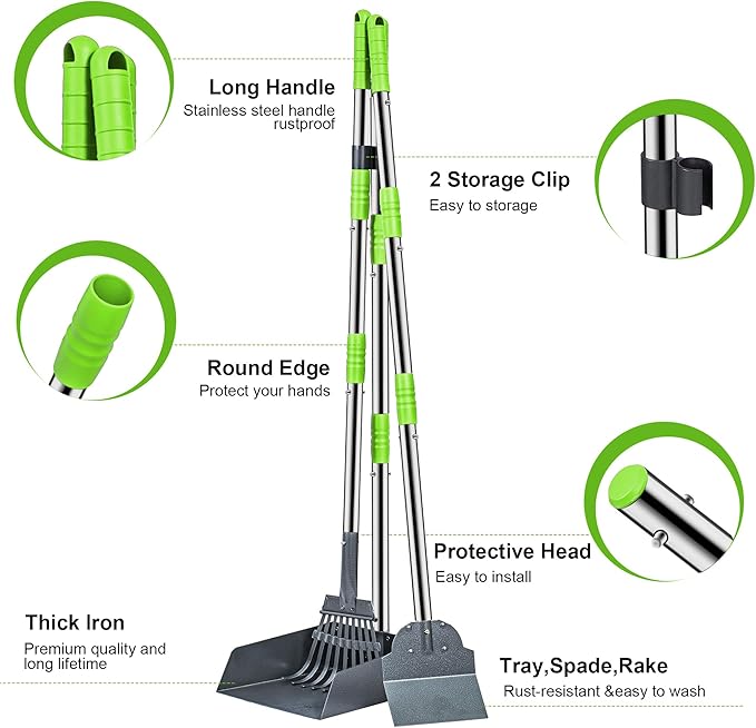 Niubya Pooper Scooper for Dogs, Metal Poop Scooper Tray Spade and Rake Set, Poop Scoop with Adjustable Long Handle, Dog Pooper Scooper for Pet Waste Removal