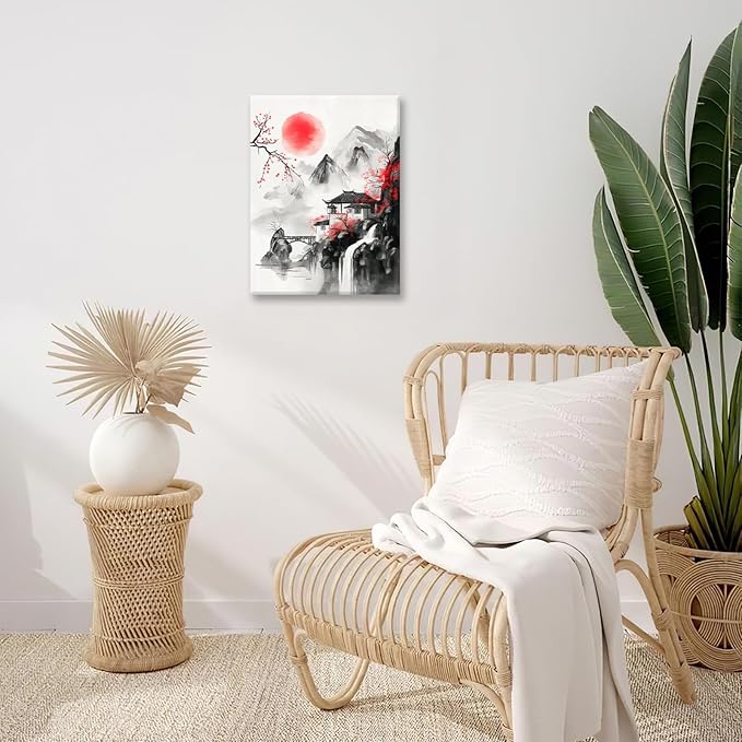 Japanese Wall Art Canvas Asian Nature Wall Decor Prints Framed Painting Mountain Landscape Pictures Gifts Artwork for Bathroom 12"x16"