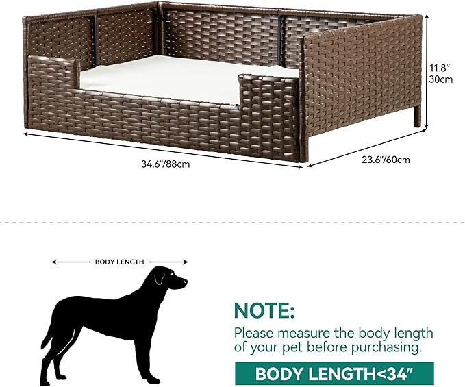 YITAHOME Rattan Dog Sofa Bed with Cushion, Wicker Pet Bed Sofa Couch Indoor Outdoor Waterproof for Large Medium Small Dogs Cats (34.6''L*23.6''W*11.8''H,Beige)