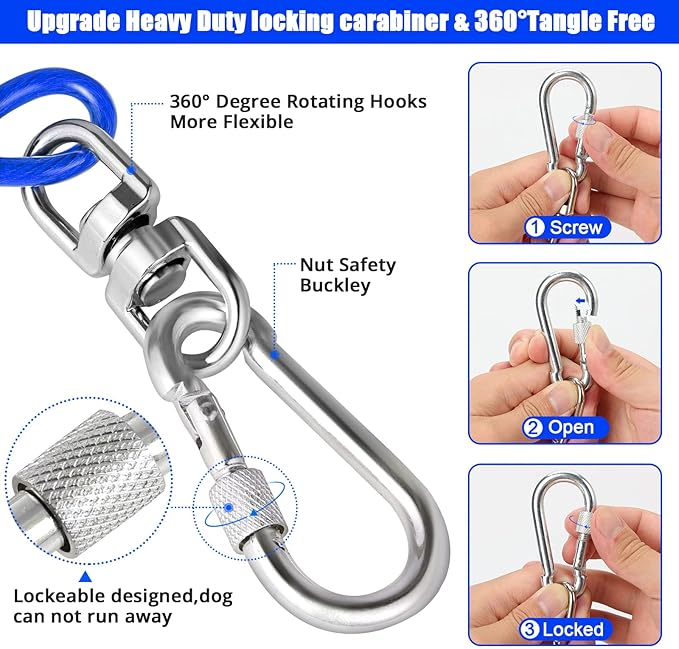 Jenico Dog Tie Out Cable, 10/15/20/30/40/50/70/100/150FT Runner Cable with Swivel Hook and Shock Spring, Yard and Camping Dog Leash Run Tether, Small to Medium Pets Up to 500 LBS