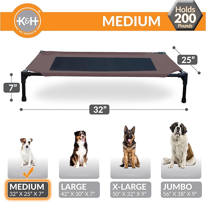 K&H Pet Products Outdoor Elevated Dog Cot, Breathable Cooling Elevated Cot Hammock Pet Bed for Medium Dogs, Washable Mesh Cover, Raised Metal Frame, Collapsible, Portable - Medium 32 X 25 Chocolate