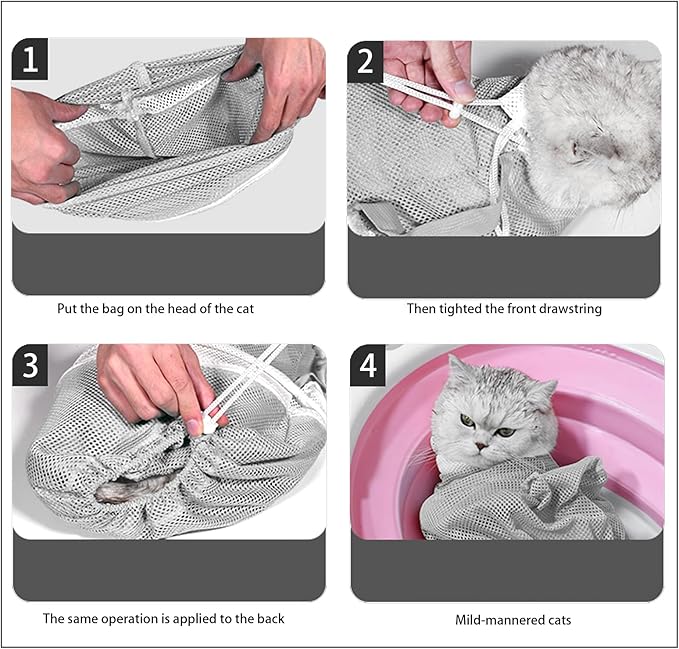 Adjustable Multifunctional Anti-Bite Shower net Bag，Cat Grooming Mesh Bag, Cat Bathing Bag，Cat Bath Brush and Cat Nail Clipper
