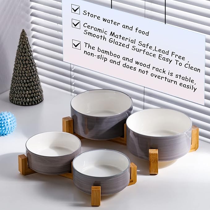 Petygooing Dog Bowls,Ceramic Cat Dog Bowl Set with Wood Stand for Food and Water,Non-Slip Weighted Cute Pet Dish Set for Cats and Medium Size Dogs (28OZ/6.1 in) Grey White
