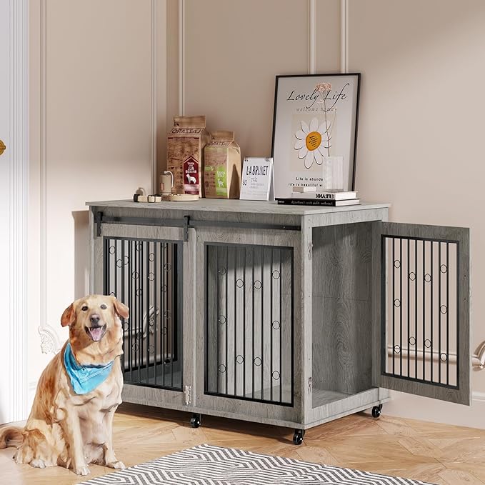 IchbinGo Large Dog Crate Furniture, 47" Wooden Dog Kennel with Sliding Barn Door, Flip-Top Lid & Wheels, Indoor Pet Crate Table with Detachable Divider for Small/Medium/Large Dogs (Rustic Grey)