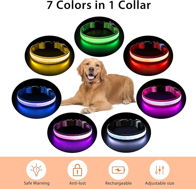 PcEoTllar Light up Dog Collar for Night Walking - LED Dog Collar Light Rechargeable Color Changing, Glow in The Dark Dog Collars Waterproof Glowing Dog Collars for Large Small Medium Dogs