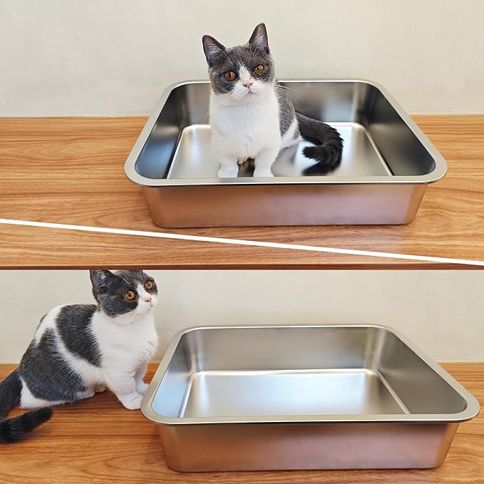 LIHONG Stainless Steel Cat Litter Box,Small Metal Litter Box for Small Cats Hamster Rabbits,No Smell,Non Stick,Easy to Clean(18" Lx14 Wx4 H,M)