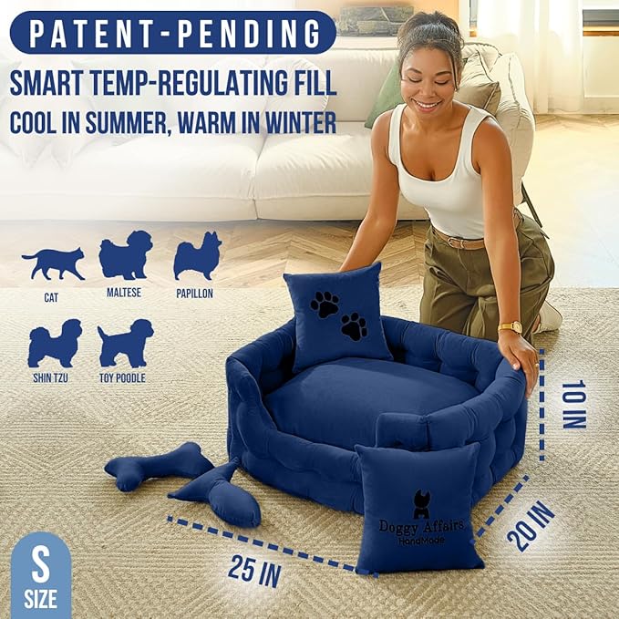 Luxury Cat and Dog Bed Chesterfield – Handcrafted Velvet Throne for Dogs | Joint Support, Calming & Temp-Regulating Comfort | Durable 5+ Years, Anti-Claw, Washable 100+ Times – S, Blue