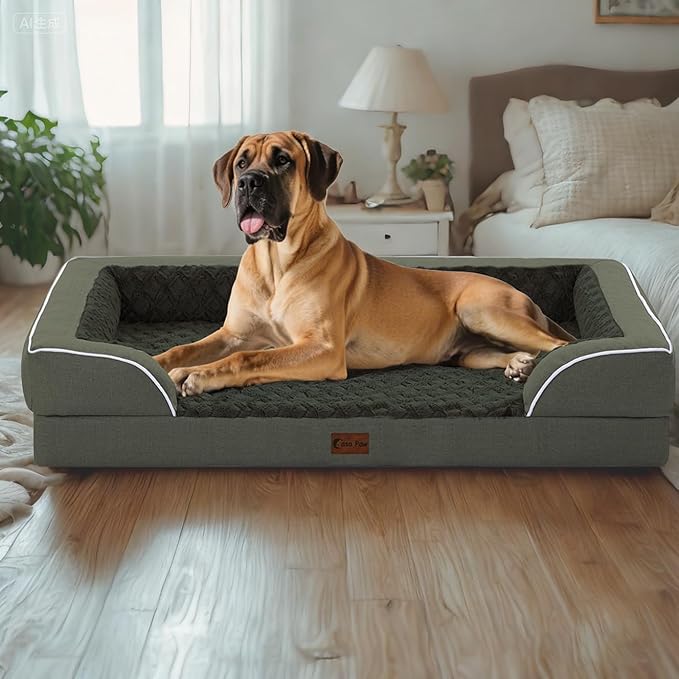 Orthopedic XL Dog Bed for Extra Large Dogs, Waterproof Memory Foam Dog Beds with Sides, Non-Slip Bottom and Egg-Crate Foam Big Dogs Beds with Removable Washable Cover(X-Large,Dark Green)