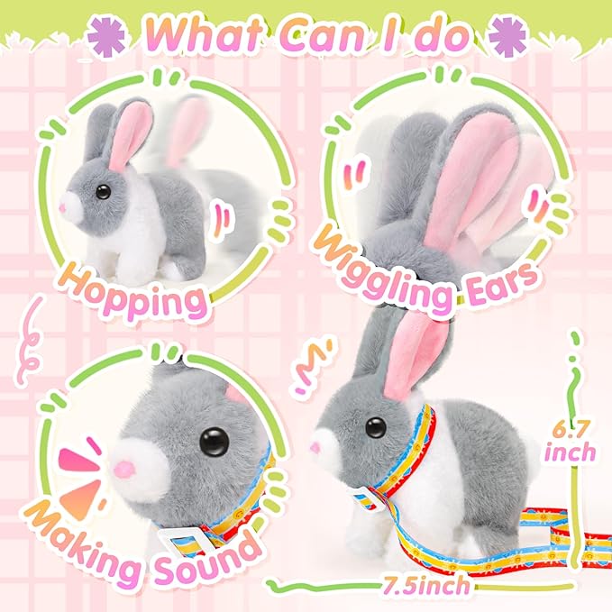Tagitary Plush Bunny Toy for Kids,Easter Interactive Realistic Bunny with Leash,Golden Egg and Wind Up Toy,That Hopping,Ears Wiggling,Twitching Nose,Rabbit Toys Easter Stuffers Gift for Toddlers
