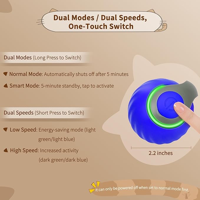 Speedy Tail 2.0 Interactive Cat Toy – Smart Self-Rolling Cat Ball with Feather Tail, Automatic Moving Motorized Toy for Indoor Cats, Chasing & Hunting Fun (Blue)