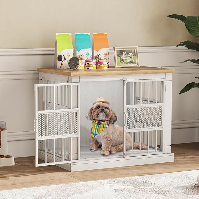 VOPEAK 27.5" Dog Crate Furniture, Chew Resistant Dog Crate for Small Dogs Puppy, Heavy Duty Dog Crates Dog Kennel Cage Indoor with Double Doors, Wooden End Table for Bedroom Living Room, White