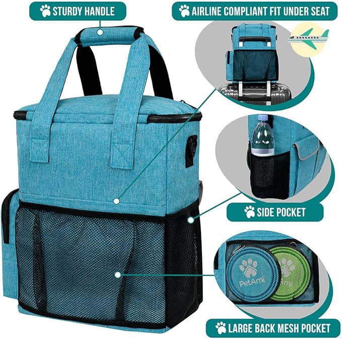 PetAmi Dog Travel Bag Pet Supplies Accessories Organizer for Traveling, Camping, Weekend; Cat Pet Travel Bag Kit Includes 2 Food Storage Containers, 2 Collapsible Bowls, 1 Feeding Mat (Teal Blue)