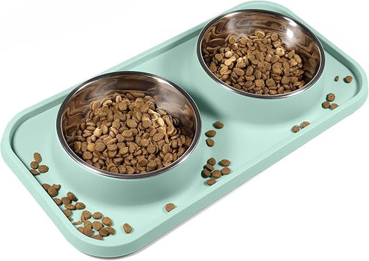 Cat Food Bowls, Cat Bowls Non-Skid and Non-Spill Silicone Pads with PP Stand, Removable Stainless Steel Food and Water Dishes for Cats, Small Size Dogs