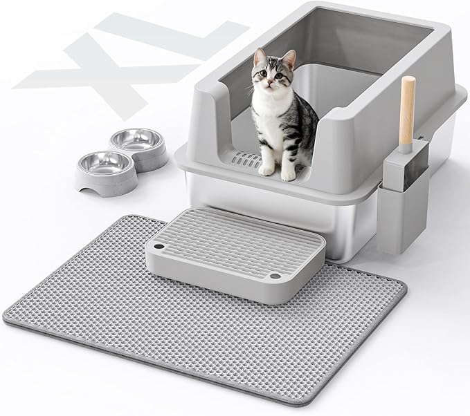 Stainless Steel Cat Litter Box - Enclosed XL Metal Kitty Litter Box with Lid for Big Cats, High Sided, Anti-Leakage, Easy Cleaning, Non-Sticky, Included Litter Mat, Cat Bowl & Spoon