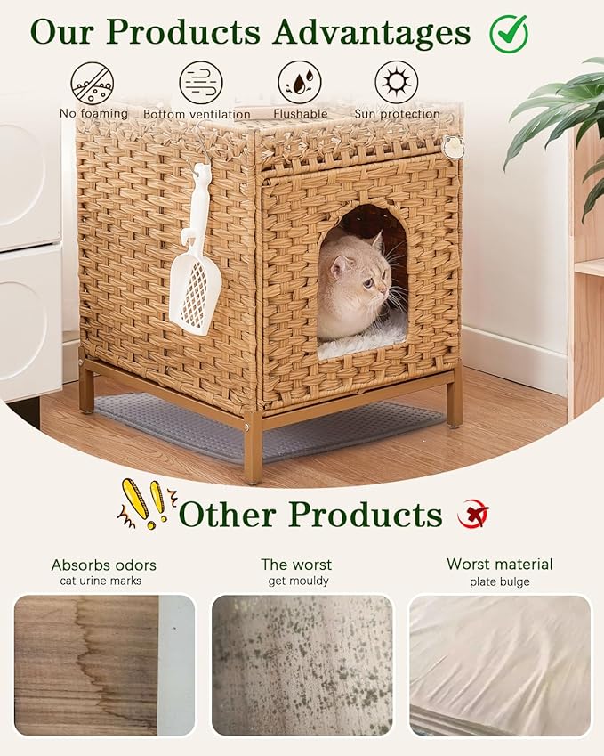 Cat Litter Box Enclosure Hidden Litter Box Furniture with Metal Heightened Feet, Rattan Handwoven Cat House with Litter Mat, Hidden Litter Box Furniture for Bedroom Living Room Natural