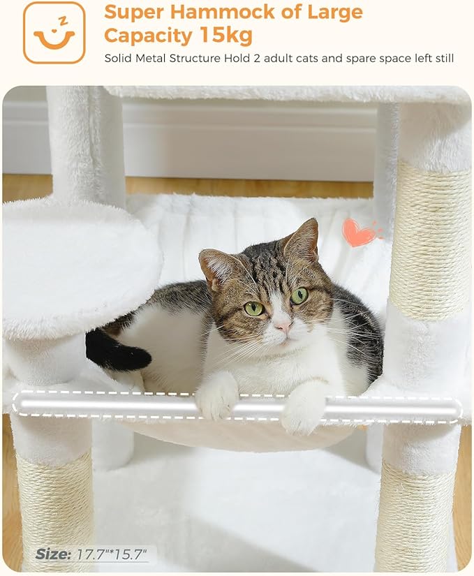 White Cat Tree for Indoor Cats, 45.7" Multi-Level Cat Tower with Large Metal Frame Hammock, Cat Condo with 4 Scratching Posts and Top Perch, White