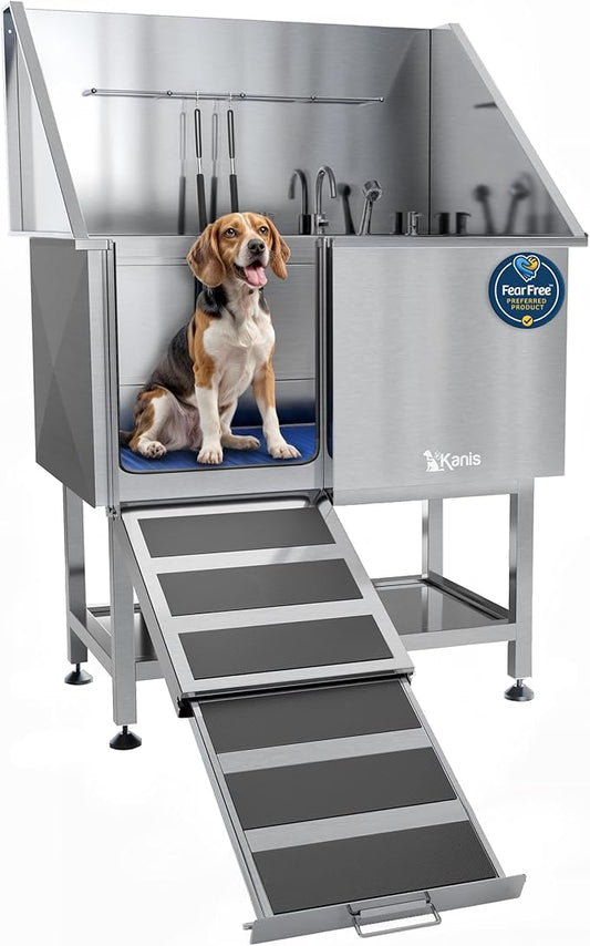 KANIS Professional Dog Washing Station - 304 Stainless Steel Pet Wash Sink & Grooming Bath Tub for Home with Ramp, Shower, Floor Grate, Storage Shelf, Faucet, Drain Kit for Large, Medium & Small Pets
