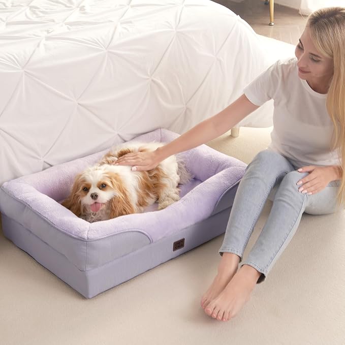 EHEYCIGA Memory Foam Dog Bed for Large Sized, Orthopedic Dog Sofa with Sides and Waterproof Liner, Washable Bolster Pet Couch with Removable Cover, 36x27x7 Inch, Purple
