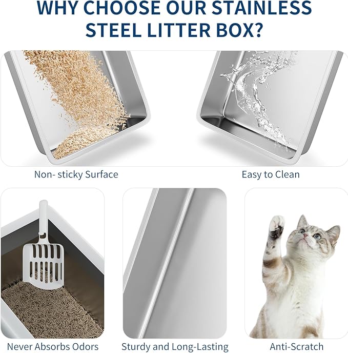 Stainless Steel Cat Litter Box 6 inch, XXL Large Cat Litter Tray with High Side, Platform Step and Scoop for Big Cats Multiple Cats, Easy Clean