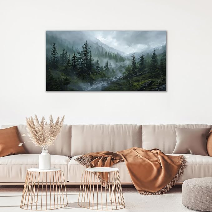 Large Forest Wall Art Nature Misty Mountain Canvas Living Room Tree Landscape Pictures Framed Prints Oversize Wall Decor Painting Artwork for Bedroom Dining Home 60"x30"