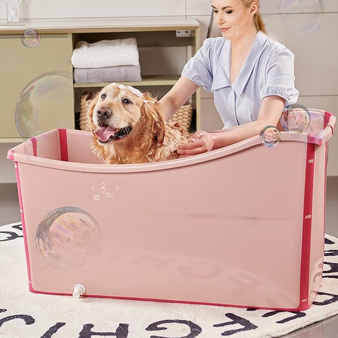 Portable Dog Bathtub for Large Dogs - 48.4Gal Foldable Pet Wash Station with Drain Plug, Insulated & Non-Slip Design for Indoor/Outdoor Bathing, Grooming, Camping（Pink）