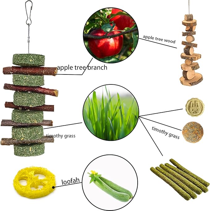 Grddaef 20 PCS Bunny Chew Toys for Teeth, Natural Rabbit Toys Apple Wood Grass Timothy Sticks Chew and Treat for Guinea Pigs Hamster Chinchillas