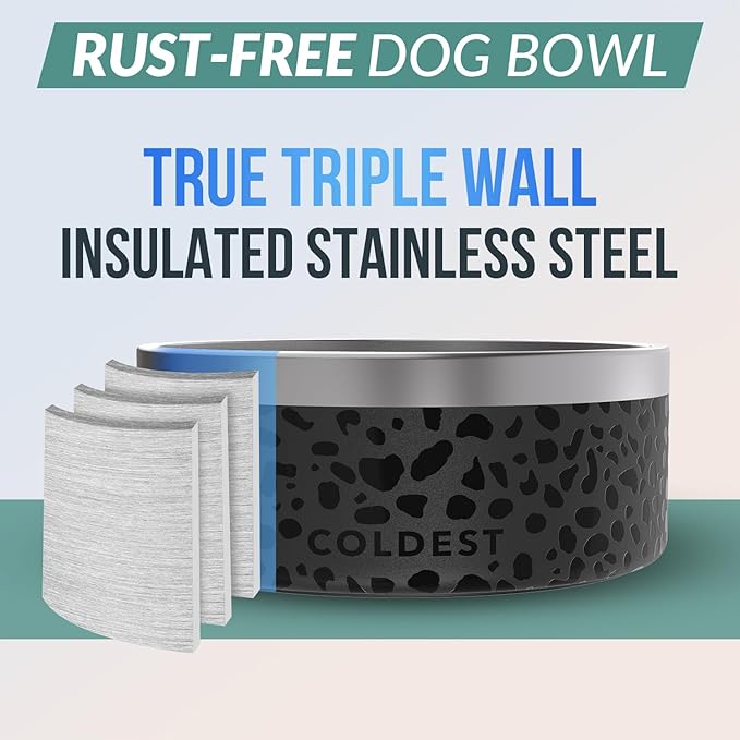Coldest Dog Bowl - Anti Rust Metal, Non Slip, 3 Layers Insulated Stainless Steel Dog Bowls - Spill Proof & Heavy Duty - Water Bowl for Dogs, Cats & Pets, Dish Washer Safe (100 oz, Black Leopard)