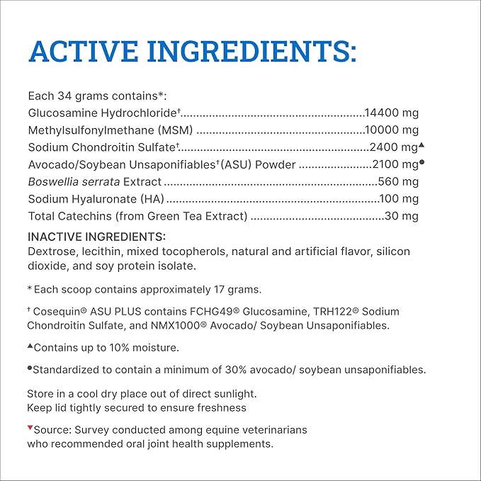 Nutramax Cosequin ASU Joint Health Supplement for Horses - Powder with Glucosamine, Chondroitin, MSM, ASU, Green Tea Extract, and Hyaluronic Acid, 1050 Grams