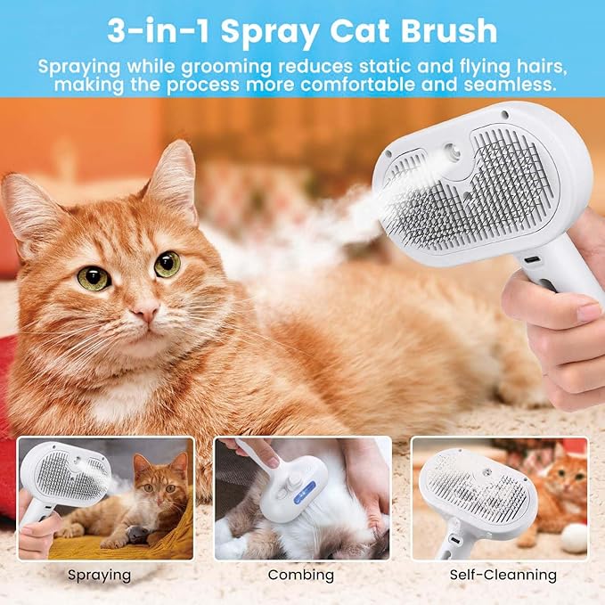 Pet Steam Brush for Dog & Cat – 3-in-1 Spray Hair Removal Comb – Steam Brush for Shedding & Grooming – Water for Long & Short Haired Pets – Spritz Defur Comb (Green)