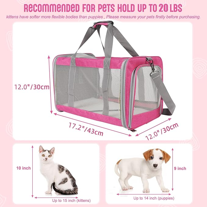 Pet Carrier for Large Cats of 20 Lbs, Collapsible Carrier Bag for Big Cat or 2 Kittens,Soft Sided Puppy Carrier with Sturdy Travel Transport Strap, Adequate Ventilation, 4 Mesh Windows (Pink)