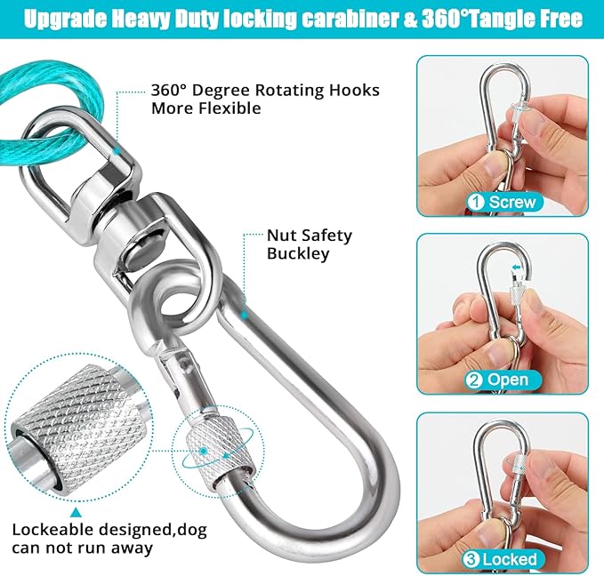 Jenico Dog Tie Out Cable - 10/15/20/30/40/50/70/100/150FT Runner Cable with Swivel Hook and Shock Spring, Leash Tether for Yard, Outdoor and Camping, for Small to Medium Pets Up to 500 LBS