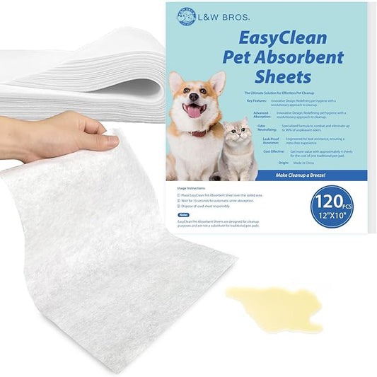 L&W BROS. Easy Clean Pet Quick Absorbent Sheets – Innovative Solution for Mess-Free Cleanup Not Traditional Pee Pads, 12"x10" for Urine and Pet Stain & Odor Remover (50 PCS)