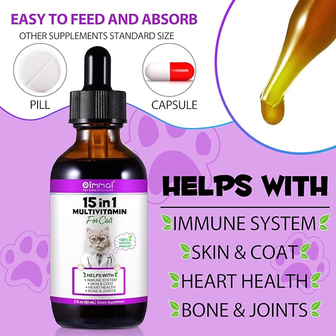 Cat Multivitamin, 15 in 1 Cat Multivitamin Liquid Drops, Cats Vitamins and Supplements with Glucosamine and Probiotics, Bones, Joint, Skin & Coat, Bladder, Immune System Support, 60ML