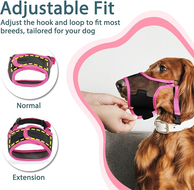 LUCKYPAW Dog Muzzle, Mesh Muzzle for Large Medium Small Dogs, Soft Mouth Guard for Biting Chewing, Breathable Mouth Guard with Adjustable Strap for Training(Hot Pink, L(Snout:9.75"-11"))