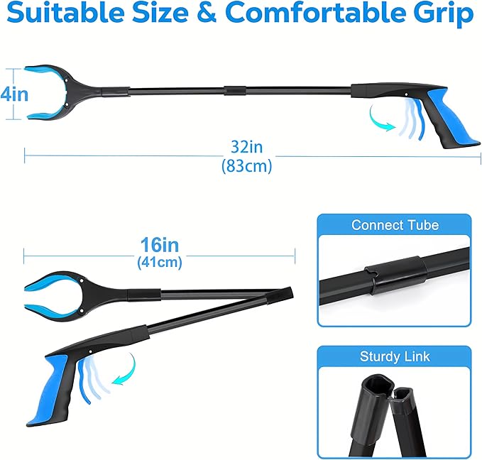 Grabber Reacher Tool - 32” Extra Long Foldable Gripper and Reaching Tool - Heavy Duty Pick Up Stick Grabbers for Seniors, Trash, Surgery Recovery Must Haves Gifts (Black Blue)