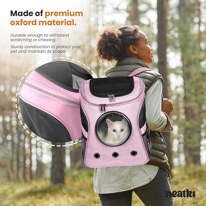 Cat Backpack Carrier, Airline Approved, Space Capsule Bubble Design, Ideal for Cats & Dogs up to 28-35 lbs, with Strong Straps, Safety Zippers, Mesh, Comfortable for Hiking & Travel (Pink)
