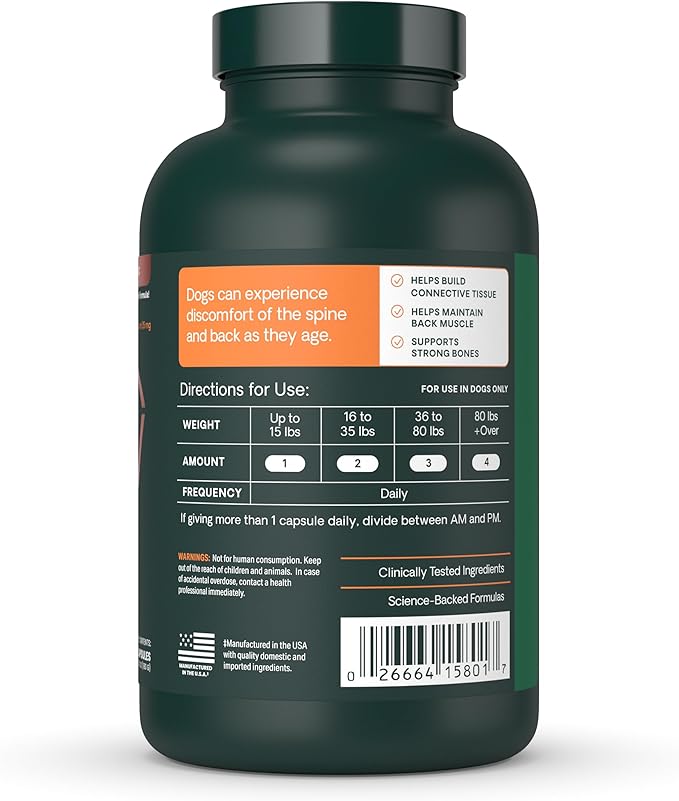 VetriScience Healthy Spine & Disc Easy-Open Capsules, Back & Spinal Support Chondroitin & Taurine Supplement for Dogs, Perfect for Dachshunds, Corgis, Frenchies & More, 180 Count