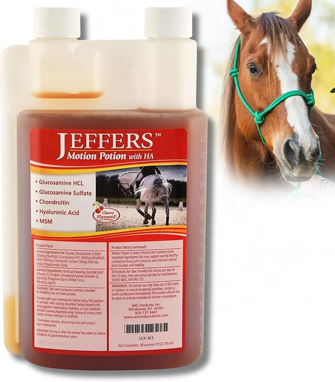 Jeffers Equine Motion Potion Liquid Horse Joint Supplement with HA, Cherry Flavor – Glucosamine, MSM, Chondroitin, Hyaluronic Acid – Mobility Support for Horses – 38 oz Bottle – Up to 38 Servings