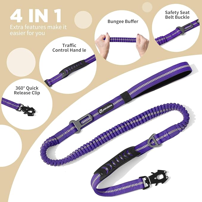 Heavy Duty Bungee Dog Leashes, 4-6FT Shock Absorbing Tactical Dog Leash with 2 Padded Handles, Metal Carabiner Clip,Car Seatbelt, Reflective Dog Leash for Medium Large Dogs (Purple)