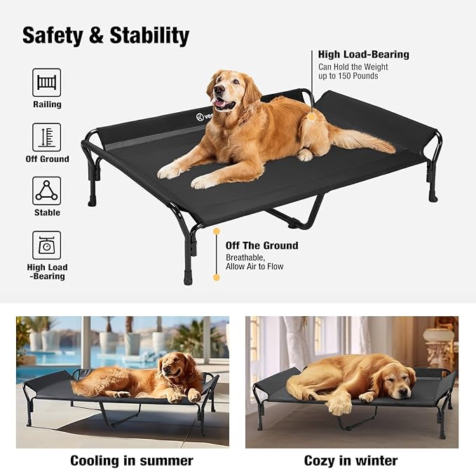 Veehoo Cooling Elevated Dog Bed, XL Raised Pet Cot with Guardrail & Slope Headrest, Durable Breathable Teslin Mesh, Non-Slip Feet, Washable Dog Couch Bed for Indoor & Outdoor, 50.5" x 33.5, Black