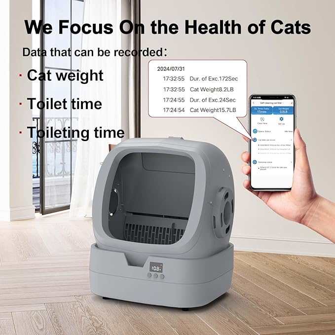 Automatic Self-Cleaning Cat Litter Box with APP-Controlled, Weight Tracking – 86L Ultra-Quiet, Smart Health Monitor, and Safe Anti-Pinch Design (Assembly Required) -Light Grey