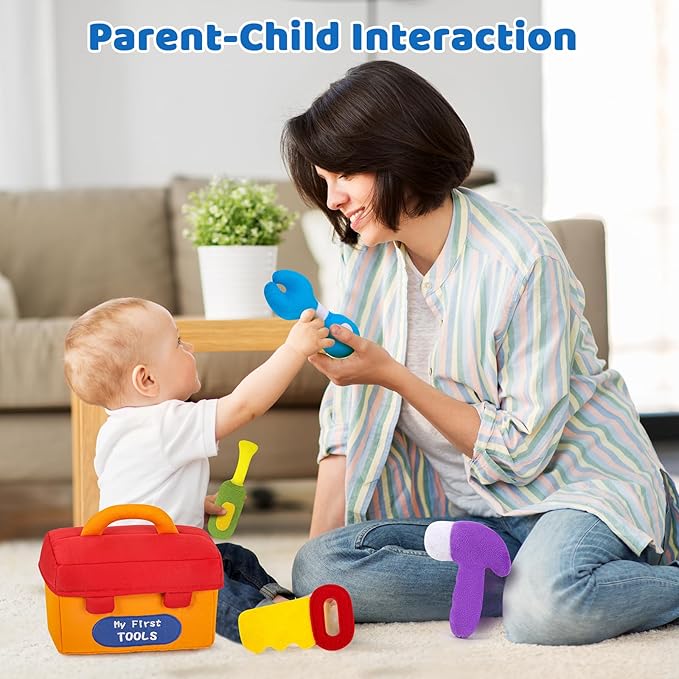 KMUYSL Baby Toys 6-12 Months, My First Tools Plush Toys -4 Pcs Sensory Playset Soft Toys with Squeaker Crinkle for 6-9-12 Months Newborn Infant, Birthday Christmas Gifts for Boys Girls