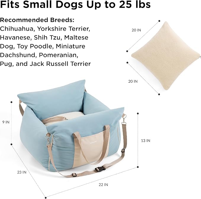 Lesure Small Dog Car Seat for Small Dogs - Soft Dog Booster Seat for Car with Storage Pocket and Clip-On Safety Leash and Thickened Memory Foam Filling, Pet Travel Carrier Bed, Light Blue