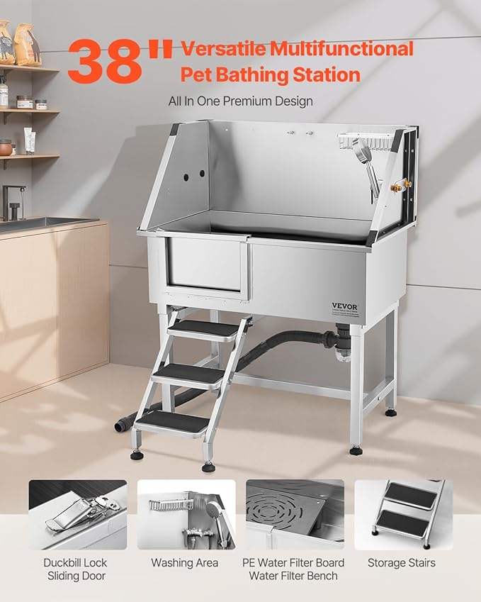 VEVOR Stainless Steel Dog Washing Station, 38 inch Pet Grooming Tub w/Storage Stairs, Faucet & Showerhead & Soap Holder Dog Bathtub for Medium & Small Pets (Left Door)
