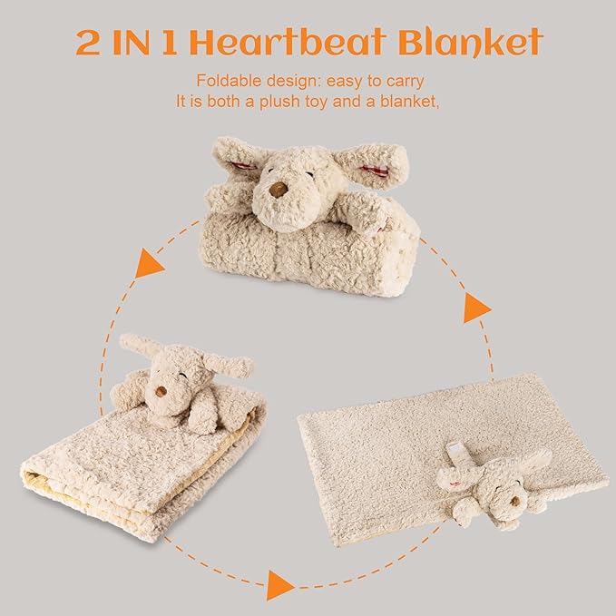 Heartbeat Toy Puppy Heartbeat Blanket for Dog Anxiety Relief, Heartbeat Stuffed Animal for Puppy Calming Aid Behavioral Aid, Comfort Cuddle Toy for Dogs Cats Pets…
