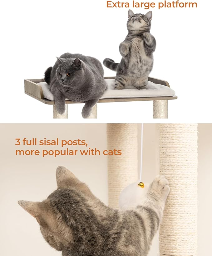 FourFurPets 22in Cat Tree Tower Condo, Cat Scratch Posts for Indoor Cats, Big Plate, Three 23.6in Full Sisal Scratching Posts, Greige