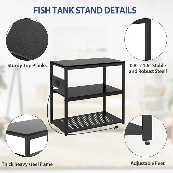 20-29 Gallon Fish Tank Stand with Power Outlets, 3-Tier Metal Aquarium Stand, Breeder Reptile Tank Stand with Shelf for Home Office, 660LBS Capacity, 29.5 x 15.8 x 30.1 inches, Black