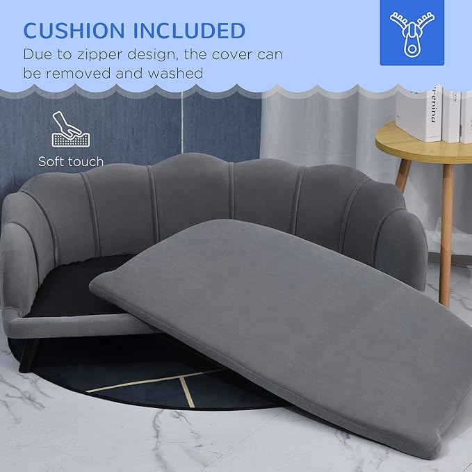 PawHut Velvet Large Dog Couch with Foam Cushion, Soft and Cute Dog Bed with Pearl Design, Dog Sofa for Big and Medium Dogs, Charcoal Gray