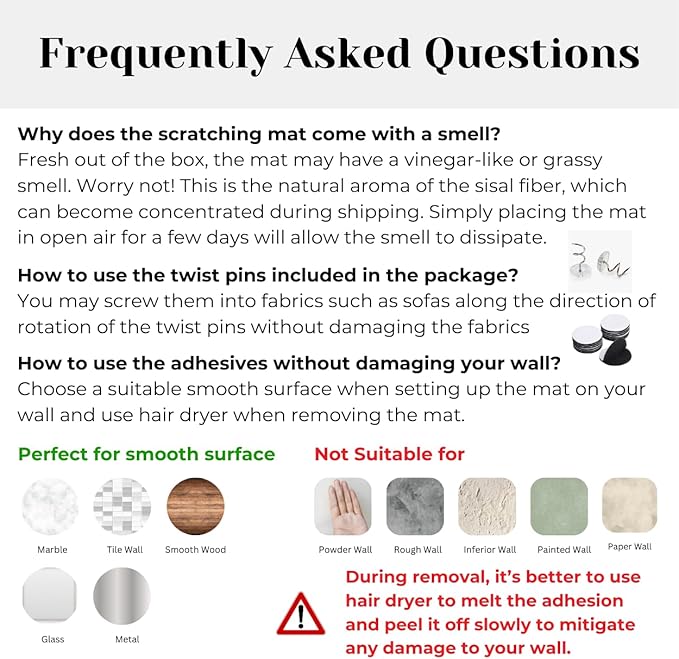 Sisal Cat Scratcher Post Mat (Use on Wall, Couch and Carpet), Durable and Shedding-Resistant Cat Scratching Surface - 21.7x13 inch with Adhesive Pads (Las Meowninas)