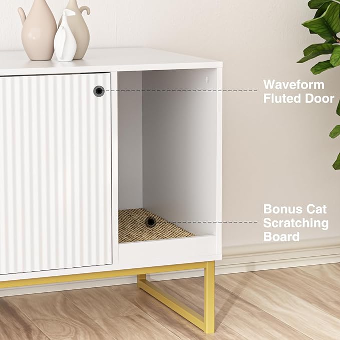 Cat Litter Box Enclosure, Fluted Hidden Litter Box Furniture with Scratch Pad and Metal Legs, Modern Enclosed Cat Cabinet, 31.5 x 17.7 x 21.7 Inches Indoor Pet House for Living Room, Washroom, White
